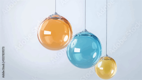 The image shows three glass globes suspended against a plain light gray background.  The globes are transparent and filled with liquids of different colors: one amber, one teal, and one lighter
