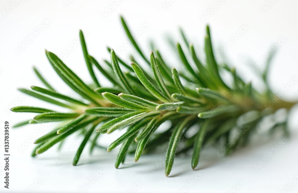 Fototapeta premium Close-up of fresh rosemary branch with needle-like green leaves isolated on white background. Herb aromatic, culinary, savory, fragrant, dietary, floral, herbal remedy. Ingredient for delicious