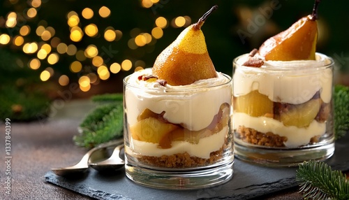christmas trifle with poached pears and custard
