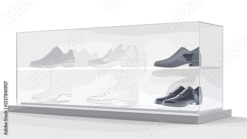 The image shows a rectangular, transparent acrylic display case with a low, light grey base.  The case is divided into three levels, each displaying various pairs of shoes.  The shoes are a mix of