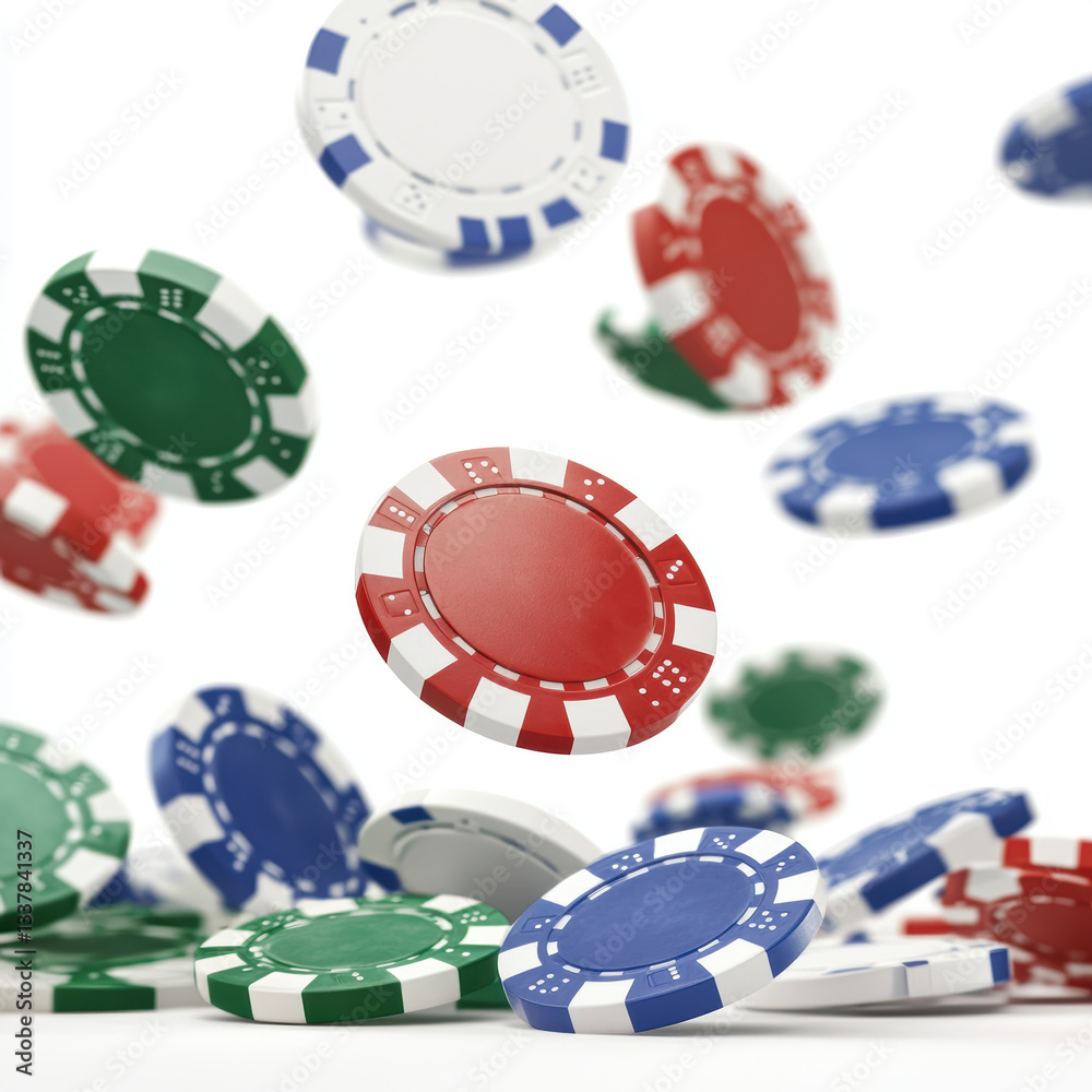 Colorful poker chips falling in mid air showcasing casino gaming excitement Colorful poker chips falling in mid air showcasing casino gaming excitement