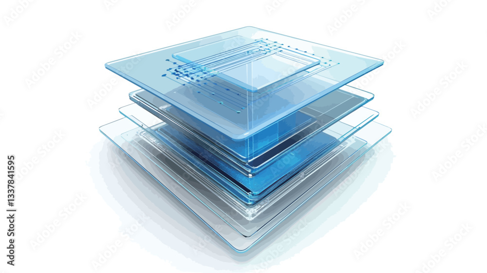 A digital illustration depicts a stack of square glass layers. The layers are translucent, showing varying shades of blue and white through the overlapping planes. The top layers are slightly A digital illustration depicts a stack of square glass layers. The layers are translucent, showing varying shades of blue and white through the overlapping planes. The top layers are slightly