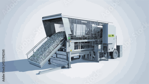 A three-quarter view of a large, industrial-sized recycling machine rendered against a light-grey gradient background. The machine is predominantly white and grey, with visible metal components and