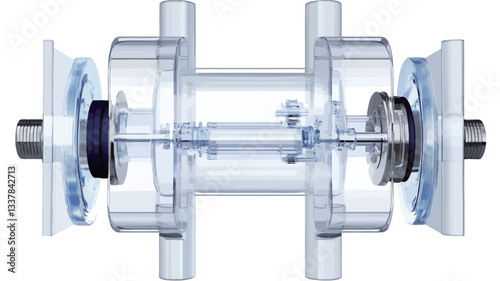 Close-up studio shot of a transparent mechanical device, seemingly exploded view, showing various internal components. The image features a cylindrical main body with several smaller components,