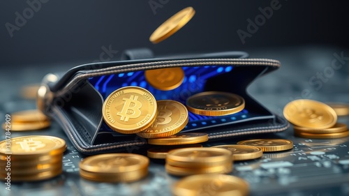 Digital Wallet with Bitcoin Coins and cryptocurrency on the table