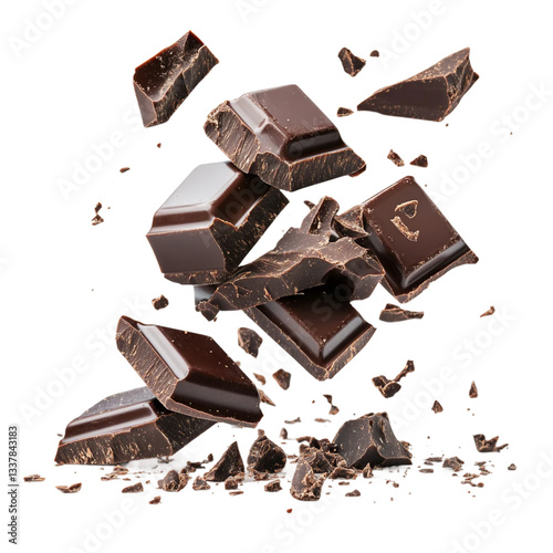 Flying dark chocolate pieces with choc flake isolated on transparent and white background.
