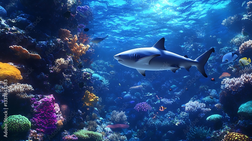 Vibrant Coral Reef with Shark Swimming in Crystal Clear Water Vibrant Coral Reef with Shark Swimming in Crystal Clear Water