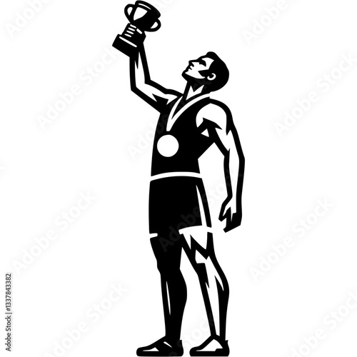 Sport emblem of male athlete winner of sports competition holds cup in monochrome. Engraving minimalistic vector in black ink drawing on transparent background