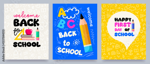 back to school poster set  with scribble doodle seamless pattern, autumn eve, pencil, cute blot, ink, doodle drawing elements, cover, background, poster, web, wallpaper, vector illustration