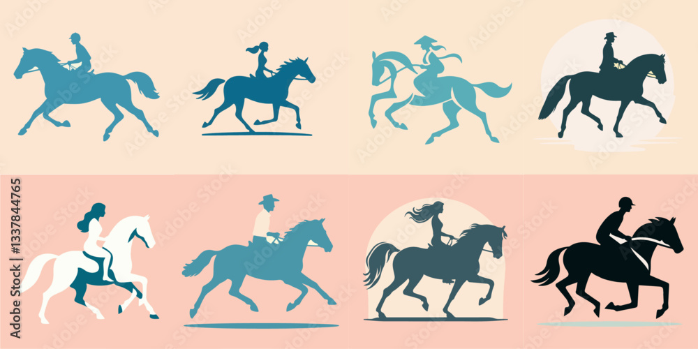 Fototapeta premium collection of person riding a horse silhouette on pink background