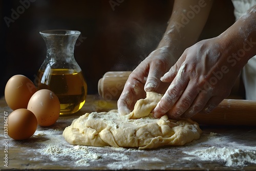 Hands shaping fresh pasta dough with flour, eggs, and olive oil in a rustic kitchen setting. 