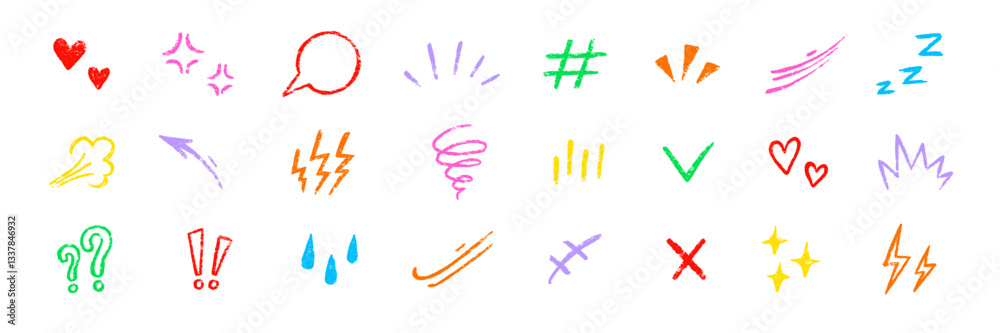 Line movement comic element, cartoon emotion mark effect decoration icon. Hand drawn cute doodle line element arrow, emphasis, shock, sparkle. Anime movement, express shape. Vector illustration