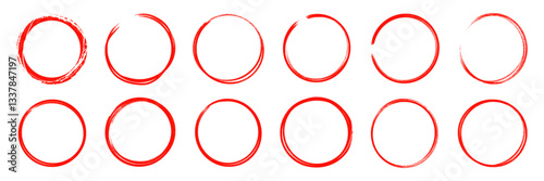 Brush stroke texture circle red hand drawn element set. Hand drawn brush stroke calligraphy rough line frame. Texture stroke red circle background. Abstract stain grunge style. Vector illustration