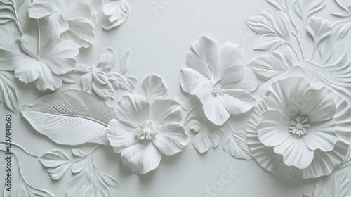 Delicate, embossed floral wall art.  Soft, white, three-dimensional flowers and leaves create a beautiful, elegant design