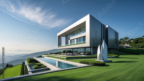 Modern Villa with Pool Overlooking Hills and Clear Sky