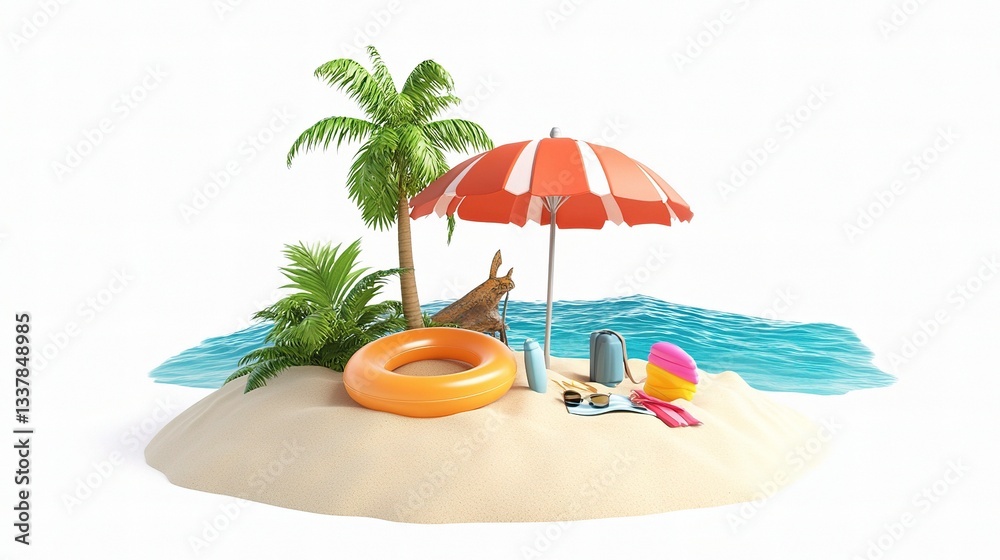 Obraz premium Vibrant 3D Rendered Summer Island Scene with Relaxation Elements