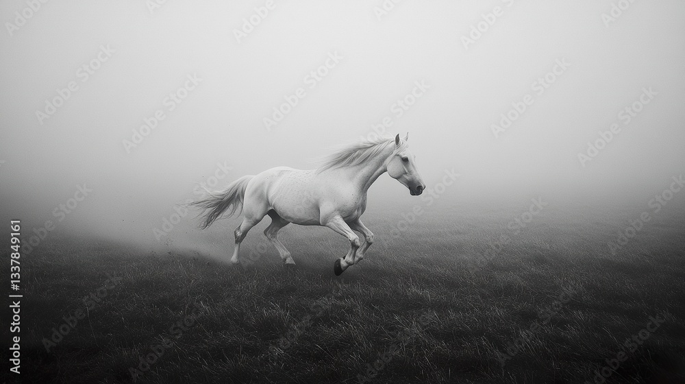 Fototapeta premium A breathtaking image of a galloping white horse, its elegant form highlighted against a misty field, the motion captured in perfect clarity 