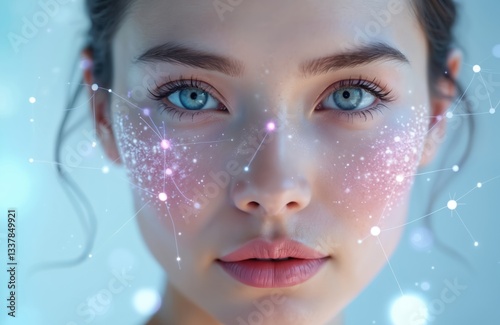 Close-up of woman face with molecular structure skin care serum. Beauty shot featuring hydrated glowing skin, clear blue eyes, pink blush, gentle makeup in soft light. Promotes youthful appearance,