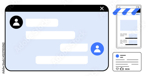 Chat window with user icons, social media post space, online shopping layout. Ideal for communication, networking, e-commerce, technology, social interaction, online collaboration digital marketing