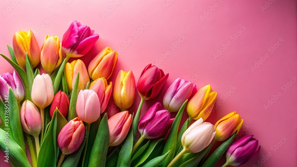 Fototapeta premium Spring Tulips Flat Lay: Pink Background – International Women's Day & Mother's Day Greeting Card