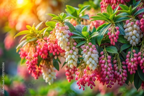 Springtime Pieris Japonica: Slow Motion Blooming Andromeda Shrub Swaying in Gentle Breeze
