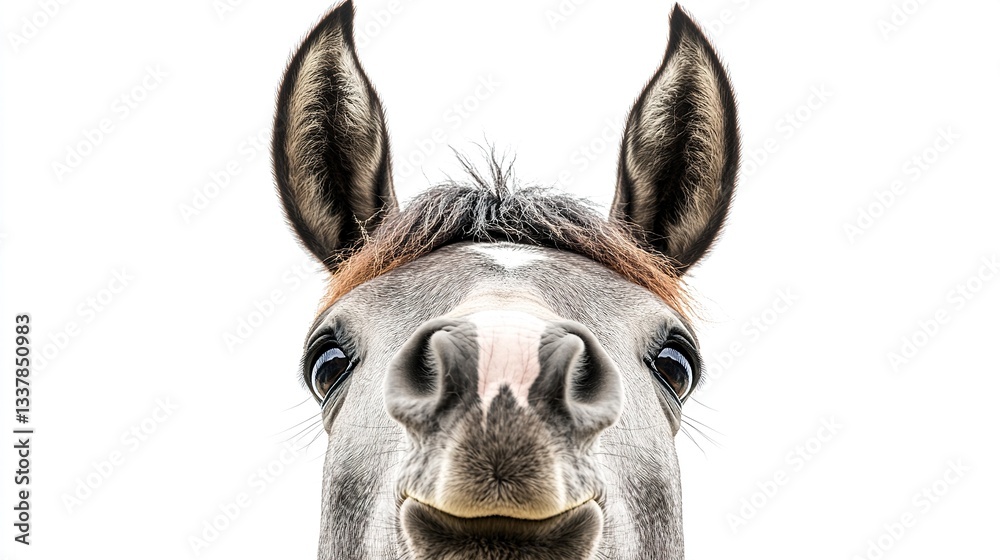 Fototapeta premium A charming close-up of a horse big nose, whiskers and soft muzzle in sharp focus, with ears slightly out of frame, isolated on a white background