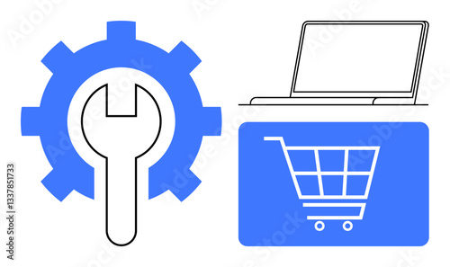Gear with wrench, laptop, and shopping cart element emphasize e-commerce solutions and technical optimization. Ideal for technology, e-commerce, online retail, maintenance, business strategy, digital