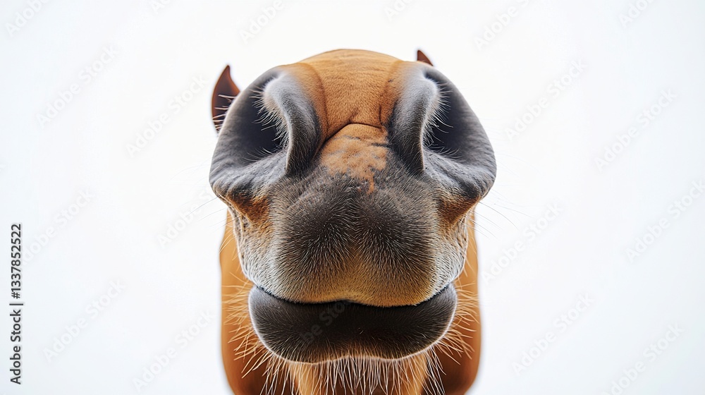 Fototapeta premium A comical close-up of a horse oversized nose, exaggerated by a wide-angle lens, nostrils flared, isolated against a pure white background, playful portrait shot.