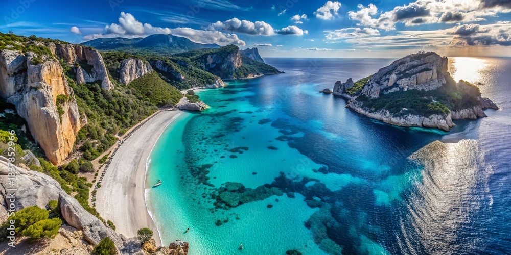 Fototapeta premium Stunning Aerial View of Cala Luna Beach, Sardinia: Turquoise Waters & White Sand