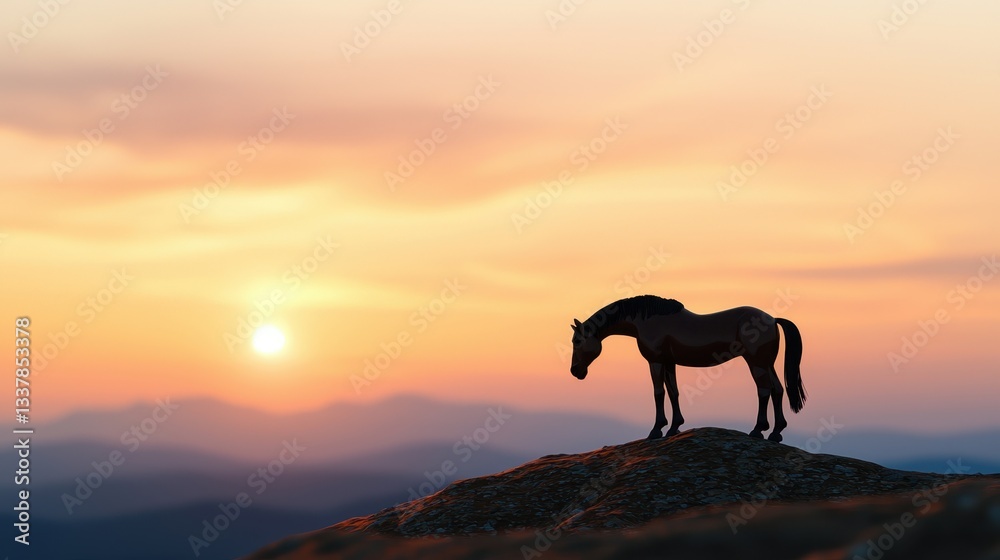 Horse standing on a mountain top at sunset. Concept of freedom, nature, and wildlife. Horse standing on a mountain top at sunset. Concept of freedom, nature, and wildlife.