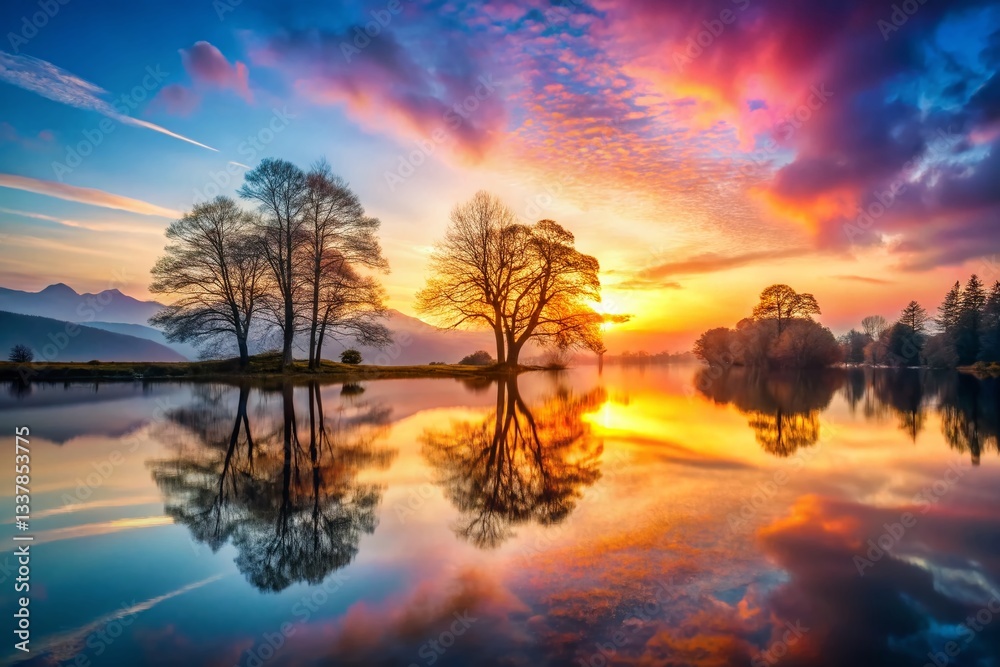 Obraz premium Stunning Double Exposure: Sunset Over District Lake, UK - Peaceful Nature Scene