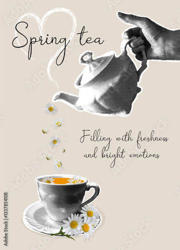 Trendy halftone collage. Spring tea-filling with freshness and bright emotions. The concept of aromatic herbal tea, enjoyment, wellness, tranquility, tea tradition.
