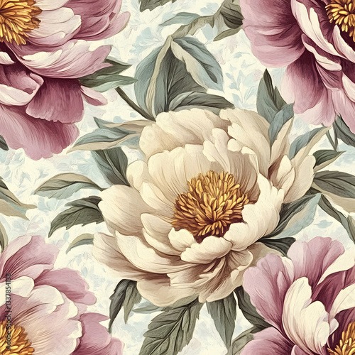 Close-up of creamy and mauve peonies, a botanical illustration. Vintage floral seamless pattern.