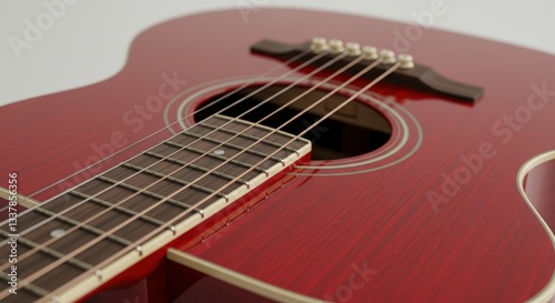 Close up of acoustic guitar with strings, soundboard and neck. Musical instrument design with guitar strings for concert poster and music blog.