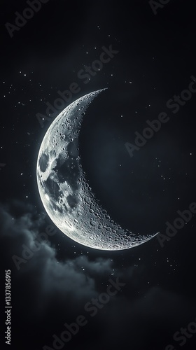 Crescent Moon Shining Brightly in the Night Sky with Soft Clouds