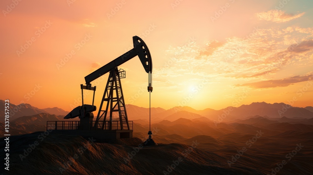 Fototapeta premium Oil pump jack at sunset. Silhouette of an oil rig against a dramatic sky. Concept for fossil fuels, energy, and petroleum industry.