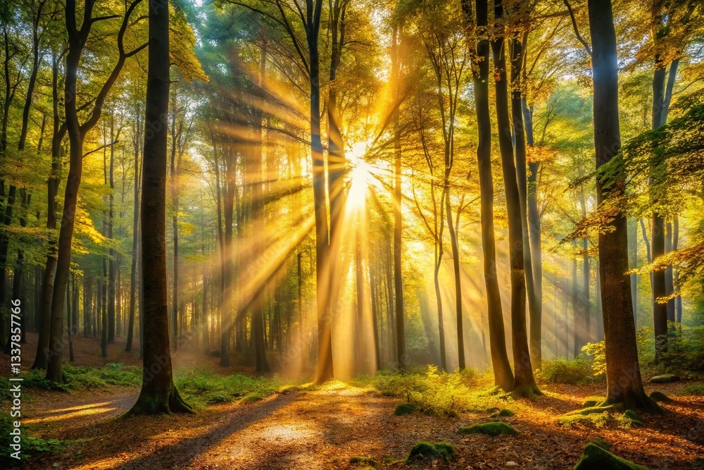 Naklejka premium Sun Dappled Forest: Golden Light Filtering Through Lush Canopy