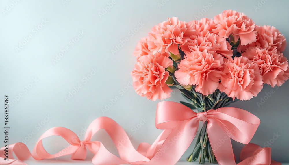 A beautiful bouquet of coral carnations tied with a satin ribbon, perfect for Mother's Day or romantic celebrations, featuring ample copy space for text. A beautiful bouquet of coral carnations tied with a satin ribbon, perfect for Mother's Day or romantic celebrations, featuring ample copy space for text.