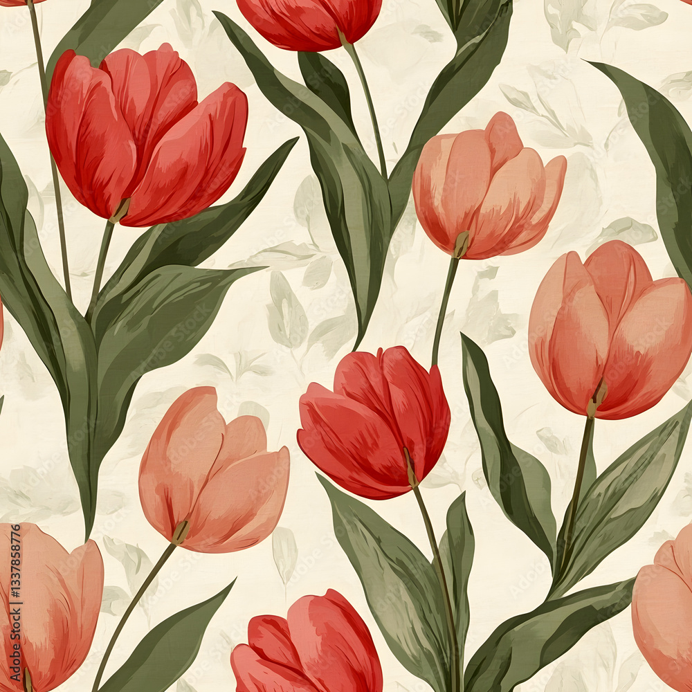 Vibrant red and coral tulips in full bloom, a stunning floral pattern. Vintage floral seamless pattern. Vibrant red and coral tulips in full bloom, a stunning floral pattern. Vintage floral seamless pattern.