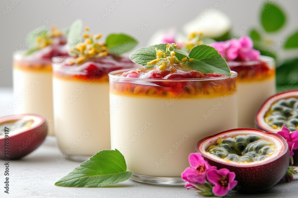 Creamy desserts adorned with juicy passion fruit and vibrant mint, set in a sunny kitchen corner Creamy desserts adorned with juicy passion fruit and vibrant mint, set in a sunny kitchen corner
