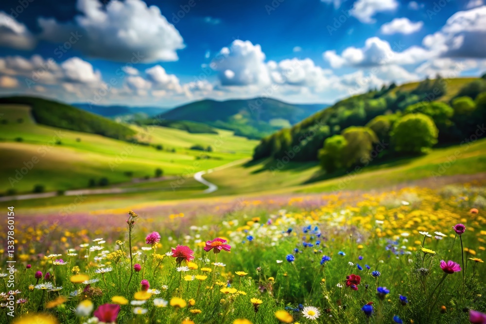 Sunny Meadow Landscape: Blooming Flowers, Lush Hills, Blue Sky - Tilt-Shift Photography Sunny Meadow Landscape: Blooming Flowers, Lush Hills, Blue Sky - Tilt-Shift Photography