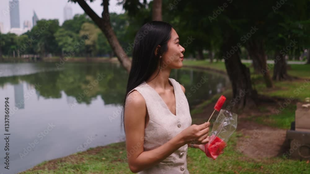 Woman savoring refreshing watermelon on a stick in a serene park setting Woman savoring refreshing watermelon on a stick in a serene park setting