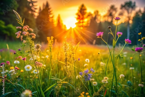 Sunset Meadow Macro: Wildflowers & Grass Swaying in Gentle Breeze - Abstract Summer Nature Background