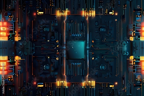 PU chip on circuit board. Black motherboard with central processor chip. Computer hardware tecnology.
