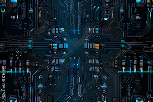 PU chip on circuit board. Black motherboard with central processor chip. Computer hardware tecnology.
