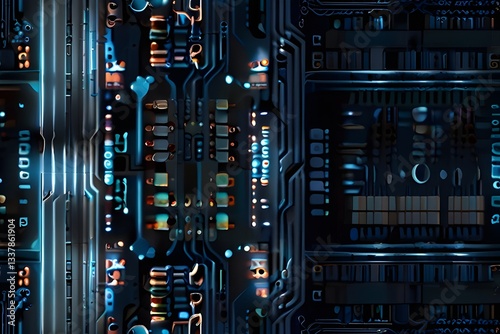 PU chip on circuit board. Black motherboard with central processor chip. Computer hardware tecnology.
