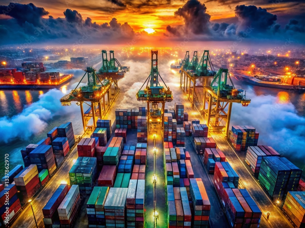 Obraz premium Surreal Aerial View: Container Ship Terminal, Crane & Truck Unloading Operations
