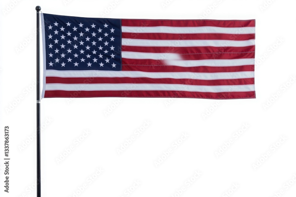 American flag with stars and stripes on a black pole against a white isolated background outdoors American flag with stars and stripes on a black pole against a white isolated background outdoors