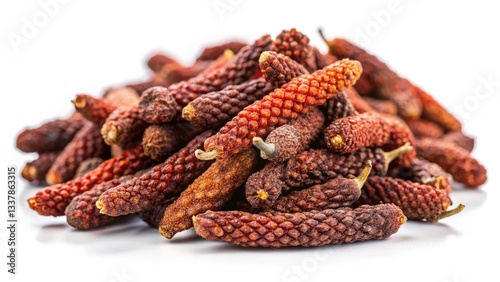 Dry Indian Long Pepper, Spice, Isolated, White Background, Macro Photography, Culinary Herb,  Indian Cuisine, Food Photography, Closeup, Ingredient, Aromatic,  Piper longum