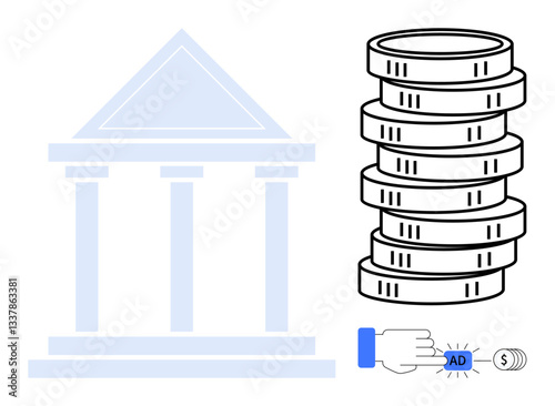 Columnar building represents institutions. Hand clicking ad button beside stacked coins suggests financial gains from online ads. Ideal for finance, marketing, advertising, economics, business